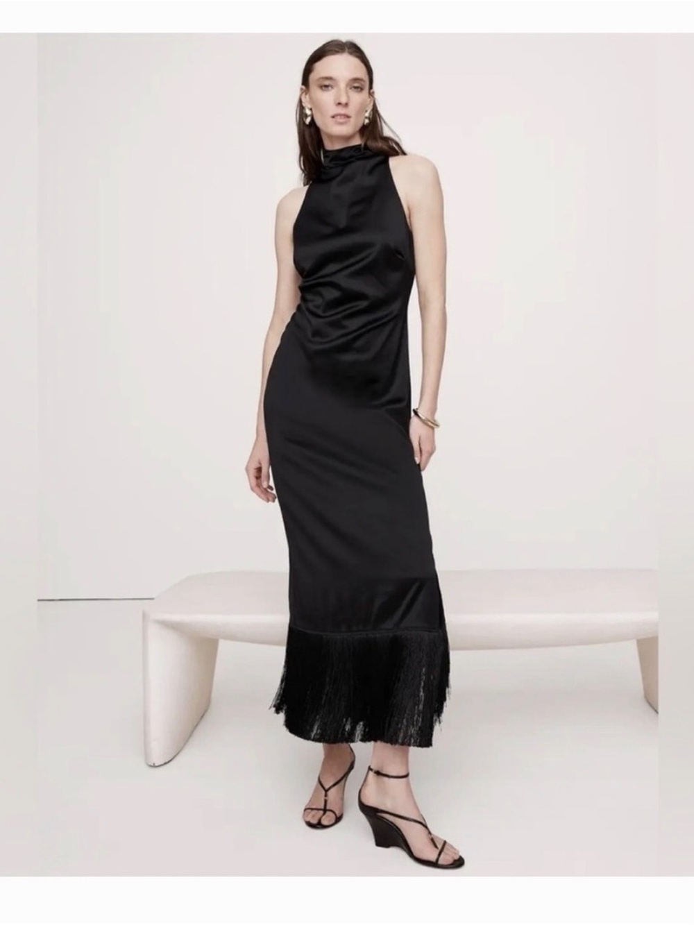 Banana Republic Black One-Shoulder Fringe Midi Dress